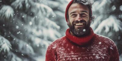 ai generato uomo nel un' Natale a maglia maglione su il nevoso al di fuori generativo ai foto