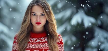 ai generato donna nel un' Natale a maglia maglione su il nevoso al di fuori generativo ai foto