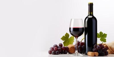 ai generato vino bottiglie con bicchiere e uva su bianca sfondo generativo ai foto