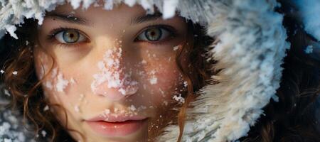 ai generato ragazza con neve su sua viso avvicinamento ritratto generativo ai foto