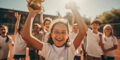 ai generato bambino ragazza con tazza festeggiare vittoria generativo ai foto