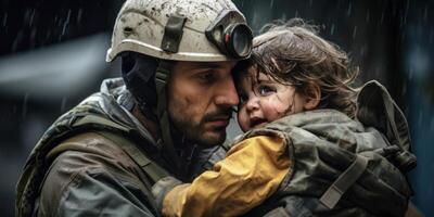ai generato un' soldato salva un' bambino nel il guerra generativo ai foto