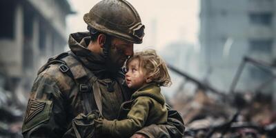 ai generato un' soldato salva un' bambino nel il guerra generativo ai foto