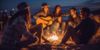 ai generato canzoni con un' chitarra a un' fuoco di bivacco nel natura generativo ai foto