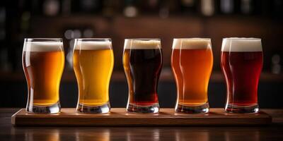 ai generato bicchieri con diverso tipi di birra su il bar contatore generativo ai foto