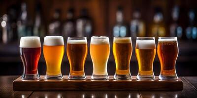 ai generato bicchieri con diverso tipi di birra su il bar contatore generativo ai foto