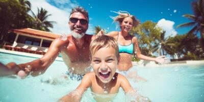 ai generato famiglia con bambini avendo divertimento nel il piscina generativo ai foto