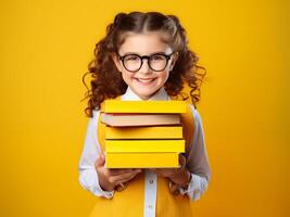 ai generato sorridente bambino con libri nel mani su giallo sfondo indietro per scuola generativo ai foto