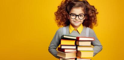 ai generato sorridente bambino con libri nel mani su giallo sfondo indietro per scuola generativo ai foto