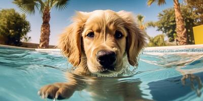 ai generato cucciolo nuotate nel il piscina generativo ai foto