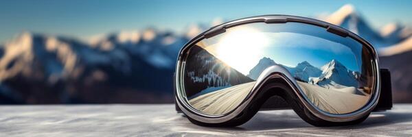 ai generato sciatore occhiali da sole con montagne riflessione su il lenti a contatto generativo ai foto