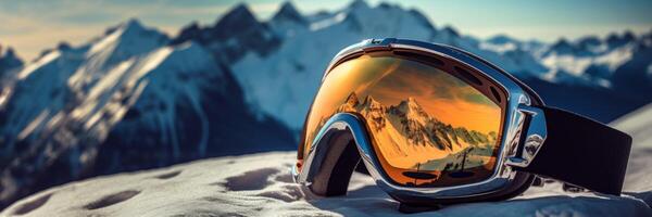 ai generato sciatore occhiali da sole con montagne riflessione su il lenti a contatto generativo ai foto