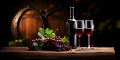ai generato bottiglia di vino bicchieri di vino grappoli di uva su un' sfondo di di legno bottiglie generativo ai foto