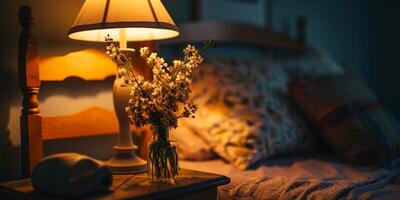 ai generato lampada e vaso con fiori su il capezzale tavolo Il prossimo per il letto generativo ai foto