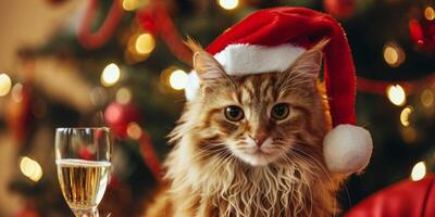ai generato gatto nel un' Santa Claus cappello e un' bicchiere di Champagne Natale generativo ai foto