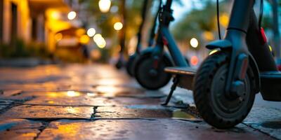 ai generato elettrico scooter su città strade eco trasporto generativo ai foto