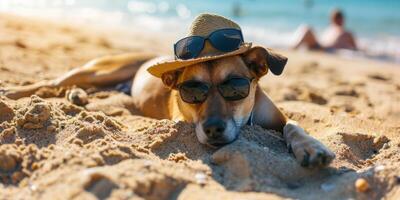 ai generato cane su spiaggia cappello e occhiali da sole generativo ai foto