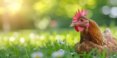 ai generato pollo su verde erba generativo ai foto