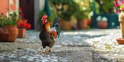 ai generato pollo a piedi nel il cortile generativo ai foto