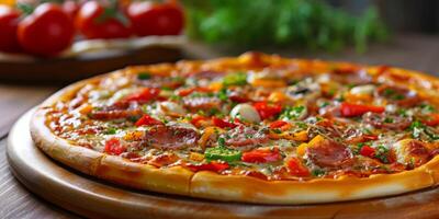 ai generato Pizza con carne e formaggio e verdure generativo ai foto