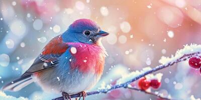 ai generato multicolore piccolo uccello su un' ramo su un' inverno sfondo generativo ai foto