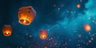 ai generato ardente lanterne volante in il cielo generativo ai foto