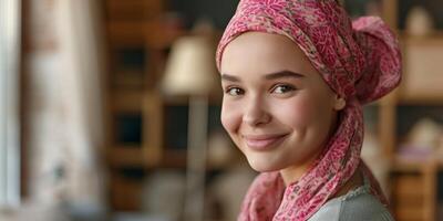 ai generato sorridente bambino, ragazza nel foulard, cancro paziente generativo ai foto