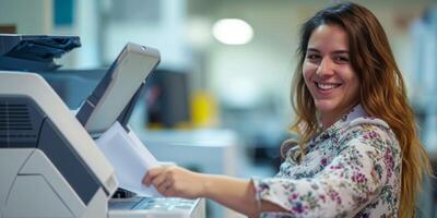 donna ufficio lavoratore fabbricazione un' copia su un' copia macchina foto