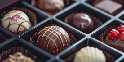 ai generato romantico cioccolatini nel un' scatola assortito San Valentino giorno generativo ai foto