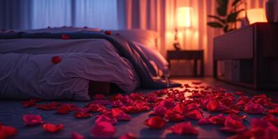 ai generato rosa petali nel il Camera da letto su San Valentino giorno generativo ai foto