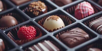 ai generato romantico cioccolatini nel un' scatola assortito San Valentino giorno generativo ai foto