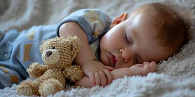 ai generato bambino dorme con un' giocattolo generativo ai foto
