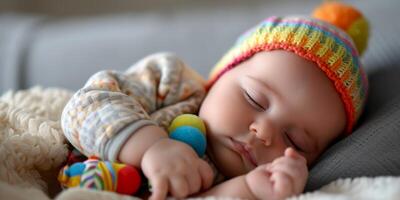 ai generato bambino dorme con un' giocattolo generativo ai foto
