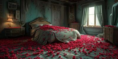ai generato Camera da letto nel rosa petali San Valentino giorno generativo ai foto