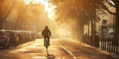 uomo su un' bicicletta cavalcate attraverso il città nel il mattina foto