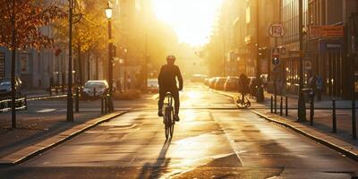 uomo su un' bicicletta cavalcate attraverso il città nel il mattina foto