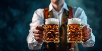 Cameriere trasporta bicchieri di birra avvicinamento oktoberfest foto