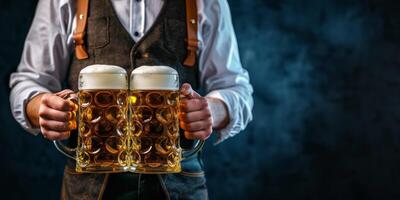 Cameriere trasporta bicchieri di birra avvicinamento oktoberfest foto