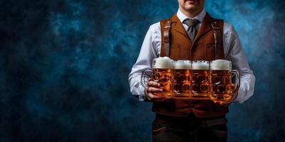 Cameriere trasporta bicchieri di birra avvicinamento oktoberfest foto