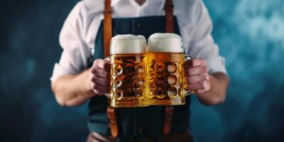 Cameriere trasporta bicchieri di birra avvicinamento oktoberfest foto