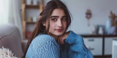 giovane donna nel un' bellissimo a maglia maglione moda foto