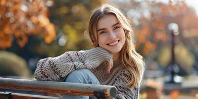 giovane donna nel un' a maglia maglione su un' panchina nel il parco foto