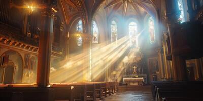 luminosa raggi di leggero penetrante attraverso il finestre di il Chiesa foto