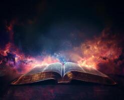 Aperto Bibbia contro il sfondo di il cosmico cielo foto