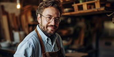 allegro uomo nel sua laboratorio foto