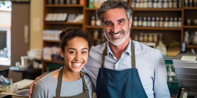 femmina e maschio supermercato lavoratori foto