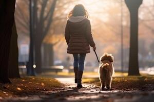 donna a piedi con cane nel il parco foto