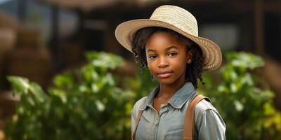 giovane africano americano donna contadino indossare cappello foto