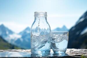 pulito potabile acqua nel un' bottiglia contro il sfondo di un' lago e montagne foto