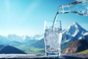 pulito potabile acqua nel un' bottiglia contro il sfondo di un' lago e montagne foto